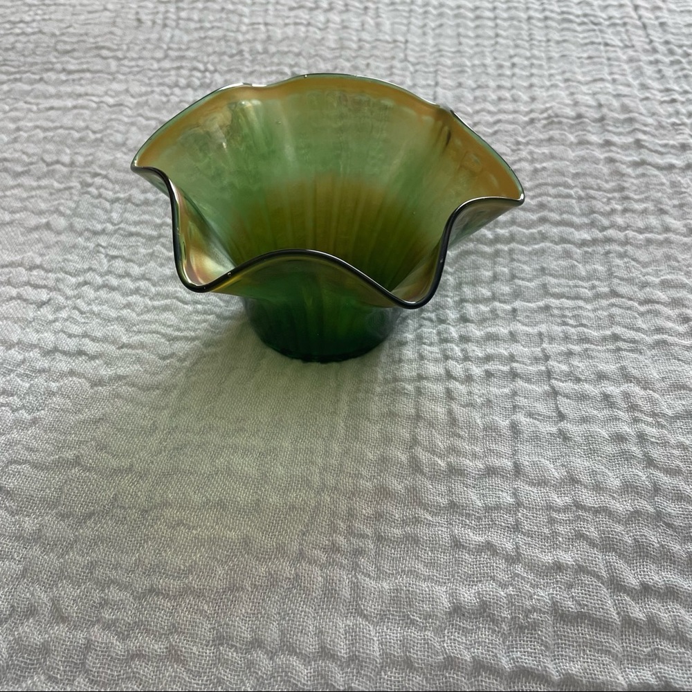 Green Carnival Glass Bowl With Iridescent Wavy Rim